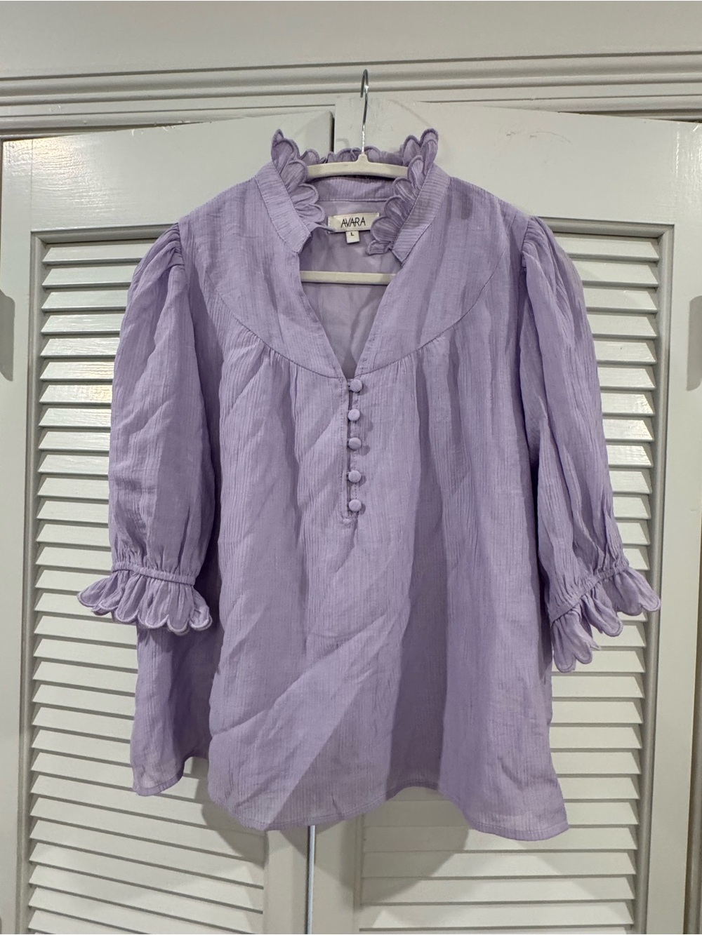 Avara Lavender Ruffle-Trim Popover Blouse
